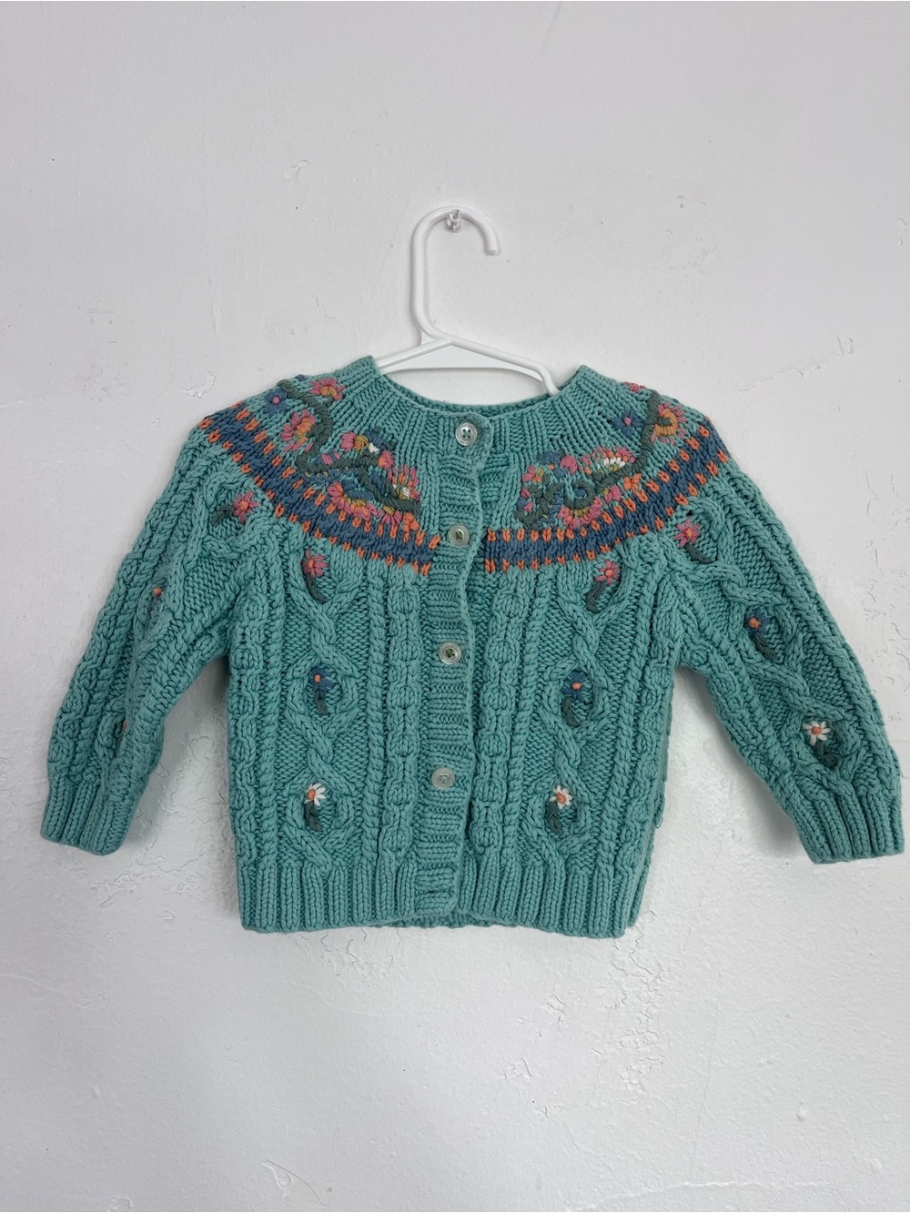 GAP Baby Teal Knit Cardigan with Multicolor Floral Accents